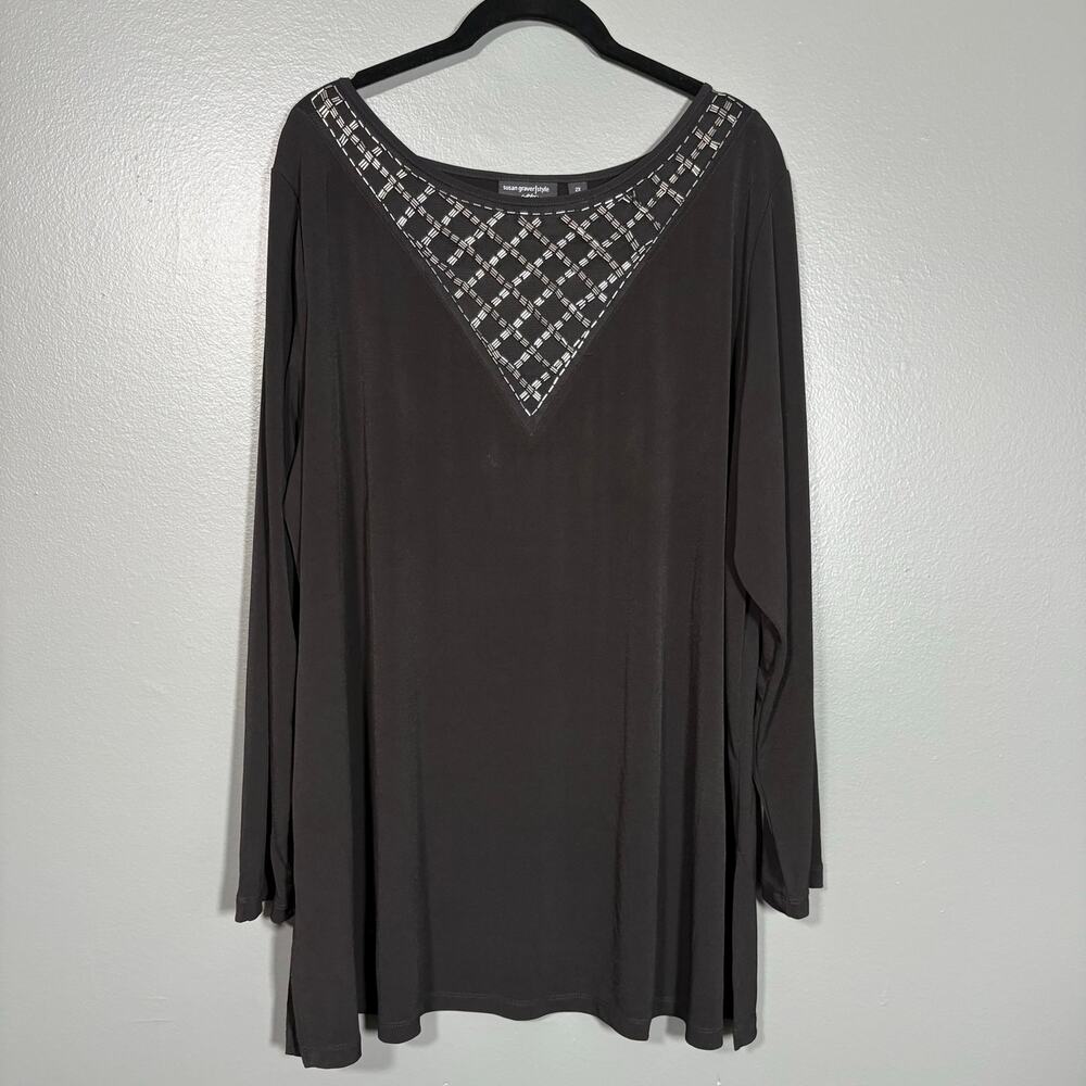 Susan Graver Artisan Black Boho Beaded Mesh Panel Top - 2X - Women's Plus Size